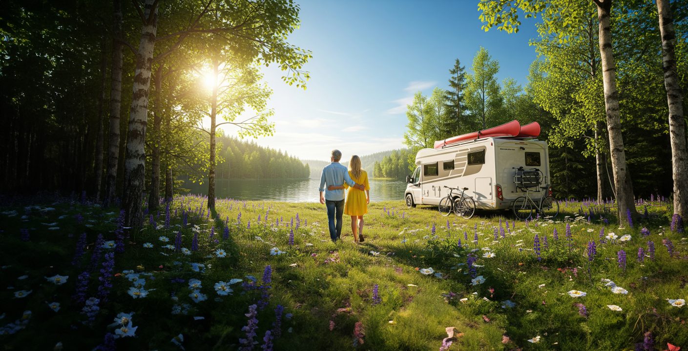 Bilde av par på bobiltur i skogen